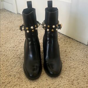 Black Leather Ankle Boots with Gold Accents